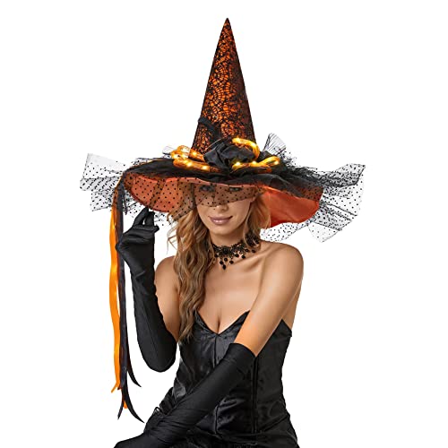 Toiyason Halloween Women's Vintage Witch Hat with LED Lights, Costume Sharp Pointed With Gauze Black and Orange Ribbon Feathers Decoration for Carnival Party Festival Events Gifts