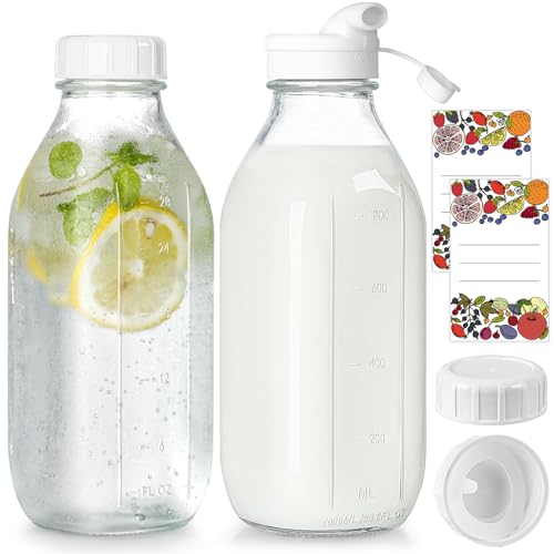 Milk Bottle with Dispenser Cap, 100% Airtight Heavy Duty Screw Lid. 2 Pack 32 Oz Reusable Glass Bottles with 3 Lids! Jug Pitcher, Buttermilk, Water, Juice Bottles w Cap, Syrup, Honey