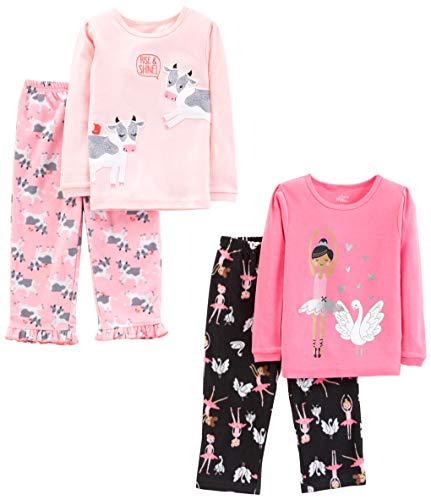 Simple Joys by Carter's Girls' 4-Piece Pajama Set (Cotton Top & Fleece Bottom), Black Ballerina/Light Pink/Pink Cow/Swans, 3T