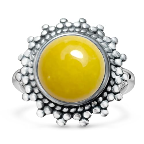 DALEGEM Natural Round Yellow Agate Onyx Stone Ring,Antique Vintage Retro S925 Sterling Silver Real Genuine Crystal Quartz Gemstone Turkish Ring for Women (A05_Yellow Agate, 8)