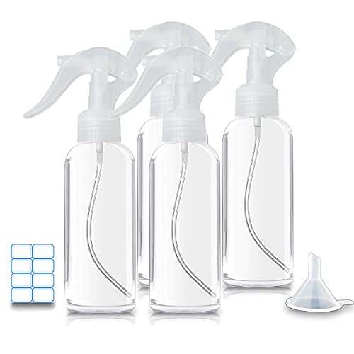 KwoKmarK Small Spray Bottles, Hair Spray Bottle 3.5oz/100ml Clear Plastic Fine Mist Travel Size Mini Empty Bottle Set Refillable Reusable Liquid Container for Essential Oils Water Squirt (4 Pack)