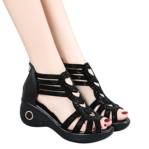 Shengsospp Ankle Strap Wedge Platform Sandals for Women Backless Slip On Platform Slides Open Toe Summer Casual Flatform Wedge Black_04, 7