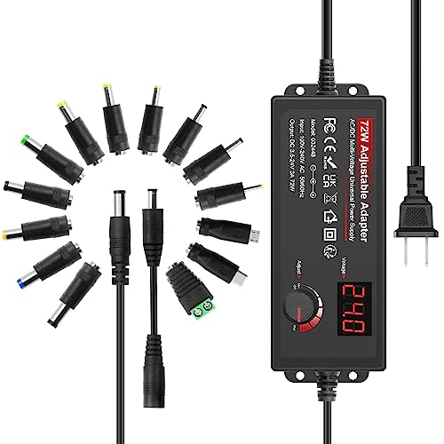 JOVNO Universal Power Supply 3V-24V 3A 72W Adjustable AC/DC Adapter 100~240V AC to DC 5V 9V 12V 15V 19V 20V with LED Display 14 Plugs 1 Reverse Polarity Converter Cable for LED Strips Motors Speaks