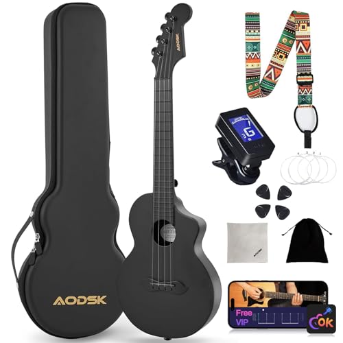 AODSK Concert Ukulele for Adult Kids Beginners Kit,23inch Carbon Fiber Travel Ukulele with Beginner Kit with Case,Pick,Strap,Strings-Black