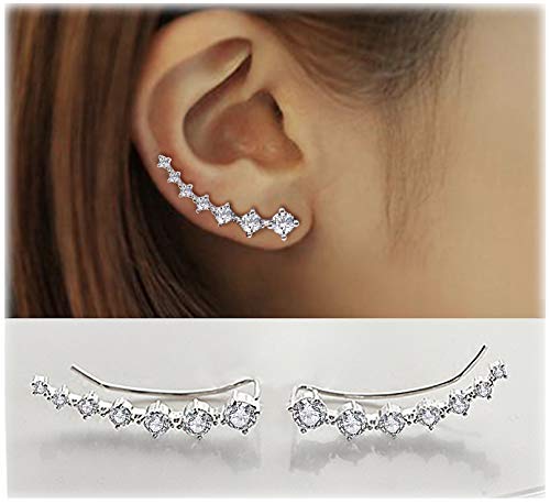 Earring for Women Cartilage 7 Crystals Ear Cuffs Hoop Climber S925 Sterling Silver Earrings with Cubic Zirconia CZ Hypoallergenic Piercing Gifts for Her