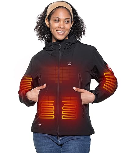 DEWBU Heated Jacket for Women with 12V Battery Pack Winter Outdoor Soft Shell Electric Heating Coat, Women's Black, L