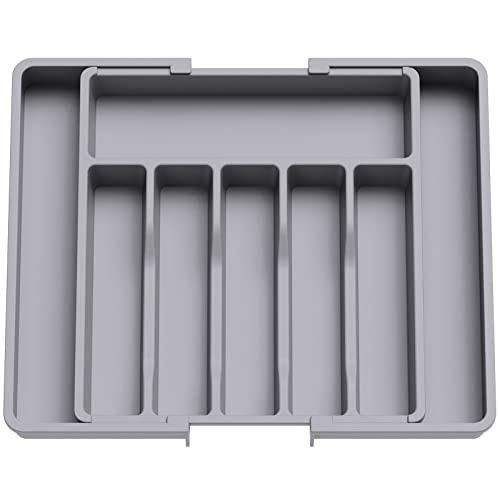 Lifewit Silverware Drawer Organizer, Expandable Utensil Tray for Kitchen, BPA Free Flatware and Cutlery Holder, Adjustable Plastic Storage for Spoons Forks Knives, Large, Grey