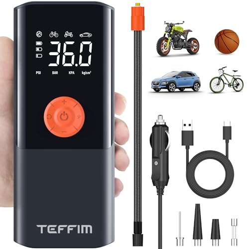 Teffim Tire Inflator Portable Air Compressor with Digital Pressure Gauge - 150 PSI - Smart Air Pump for Car Tires, Motorcycle, Electric Bike, Bicycle and Balls with 10000mAh Battery & LED Light
