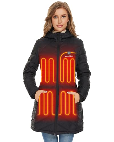 Venustas Women's Heated Long Jacket with 90% Duck Down, 7.4V Battery Pack, Electric Heated Puffer Coat For Skiing Camping