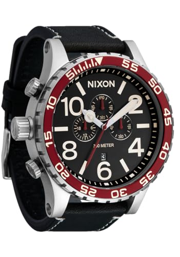 NIXON 51-30 Chrono Leather A1392 - Silver/Black/Cranberry - 300m Water Resistant Men's Analog Fashion Watch (51mm Watch Face, 25mm Genuine Leather Band)