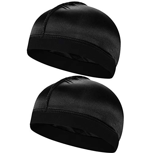 2pcs Silky Stocking Wave Cap, Satin Doo Rags Compression Cap for Men, for 360 540 720 Waves (2pc Black)