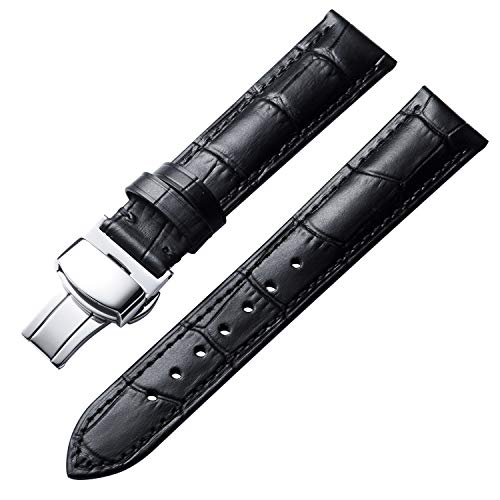 BINLUN Leather Watch Strap Quick Release Strap with Silver Butterfly Deployment Buckle 12mm 13mm 14mm 16mm 17mm 18mm 19mm 20mm 21mm 22mm 23mm 24mm Watch Band for Men Women (Black,22mm)
