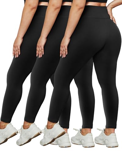 HLTPRO 3 Pack Plus Size Leggings for Women - High Waist Stretchy Buttery Soft Yoga Pants for Workout Running Black/Black/Black