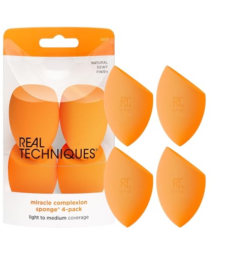 Real Techniques Miracle Complexion Sponge, Makeup Blender Sponge For Liquid & Cream Foundation, Light & Medium Coverage, Natural, Dewy Base Makeup, Mother’s Day Gift Set, Latex-Free Foam, 4 Count