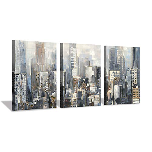 Hardy Gallery Abstract City Skyline Wall Art: Urban Downtown Picture Abstract Cityscape Painting Print on Canvas for Living Room (16'' x 12'' x 3 Panels)