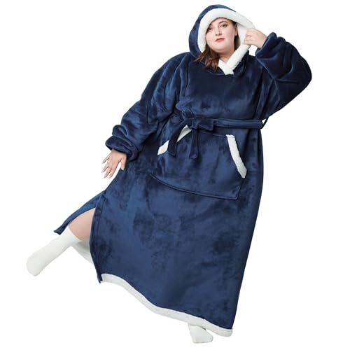 Bedsure Oversized Wearable Blanket Hoodie - Long Sherpa Fleece Hooded Blanket for Adult Women Men, Warm Cozy Big Blanket Sweatshirt with Giant Pocket and Belt, Winter Gifts for Men, Oversize, Navy