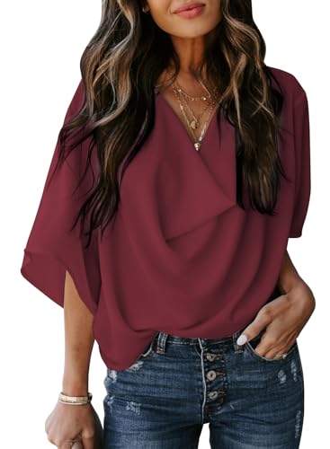 Dokotoo Spring Summer Short Sleeve Wrap Draped Front Tops for Women Work Casual Sexy V Neck Ladies Chiffon Shirts for Women Trendy 2024 Cute Floral Print Blouses for Women Business Casaul,Red,X-Large