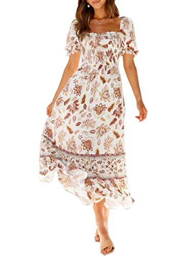 ZESICA Women's 2024 Summer Boho Floral Print Square Neck Ruffle Swing Beach Long Maxi Dress,Ivory,Small