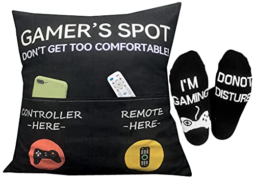 Gamer Gifts, Pocket Design Throw Pillow Covers 18 x 18 Inch + Gamer Socks, Gaming Room Décor Stocking Stuffers Easter Basket Stuffers for Teen Boys Girls Men Father Boyfriends