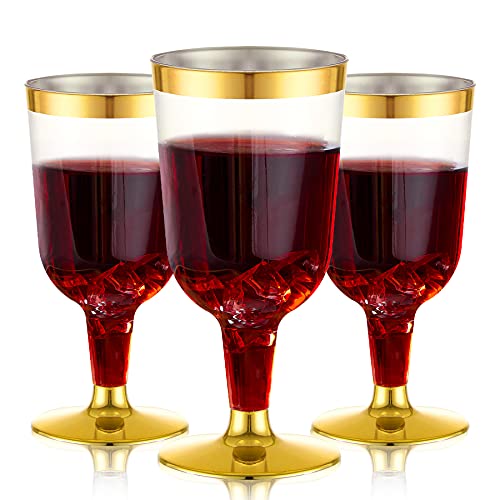N9R 30 Pack Plastic Wine Glasses with Gold Rim, 6 Oz Plastic Wine glasses with Stem, Disposable Wine Cups Reusable Suitable for Party Weeding Birthday