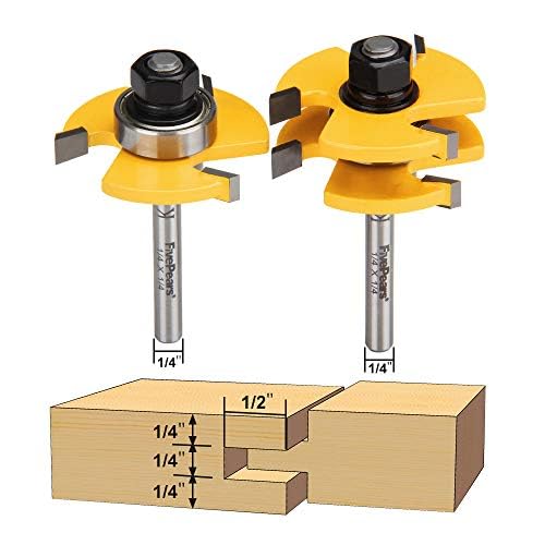 FivePears 2 Pieces of Tongue and Groove Router Bits Set with 1/4' Shank,3 Teeth T Shape Wood Milling Cutter Woodworking Tool