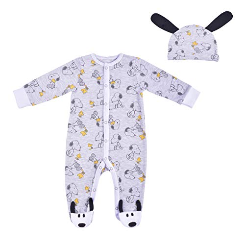 Peanuts Worldwide, LLC Snoopy Boys’ Coverall Footed Romper and Hat Set for Newborn – Grey