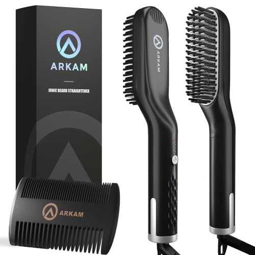 Arkam Beard Straightener for Men - Original Heated Beard Brush Kit w/Anti-Scald Feature, Dual Action Hair Comb and Travel Bag for Short to Medium Beards -Costume Accessories and Grooming Gifts for Men