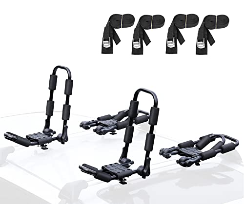 Leader Accessories Folding Kayak Rack 4 PCS/Set J Bar Car Roof Rack for Canoe Surf Board SUP On Roof Top Mount on SUV, Car and Truck Crossbar with 4 pcs Tie Down Straps