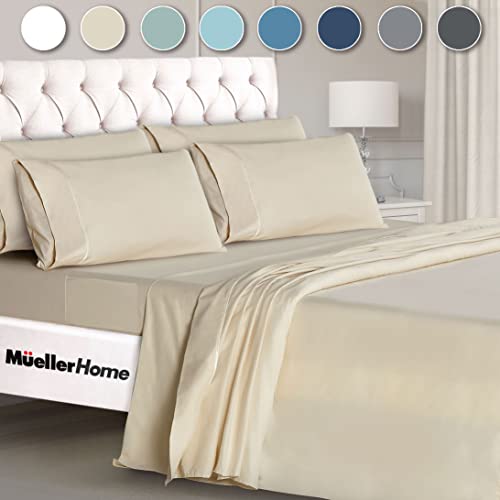 Mueller Luxury 6 Piece Queen Bed Sheets Set - Ultra-Soft 1800 Series, Cooling & Breathable Hotel Quality Bedding, Deep Pocket up to 16' - Hypoallergenic, Wrinkle-Resistant, Oeko-TEX, Cream