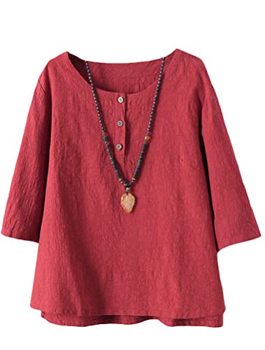 Minibee Women's 3/4 Sleeve Cotton Linen Jacquard Blouses Top T-Shirt (XL, Red)