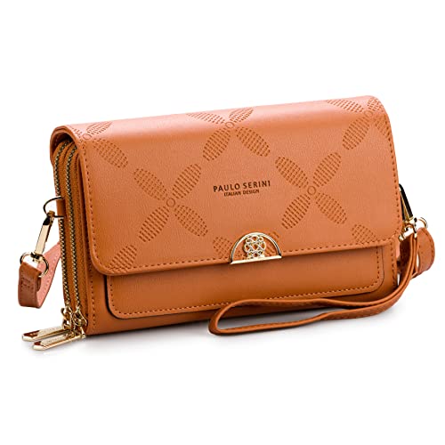 PAULO SERINI Crossbody bag for Women - Shoulder bag - Phone Wallet Clutch - Vegan Leather Handbag - Women’s Wristlet Purses with 2 adjustable straps - Birthday Gifts for Women - Bronze Brown