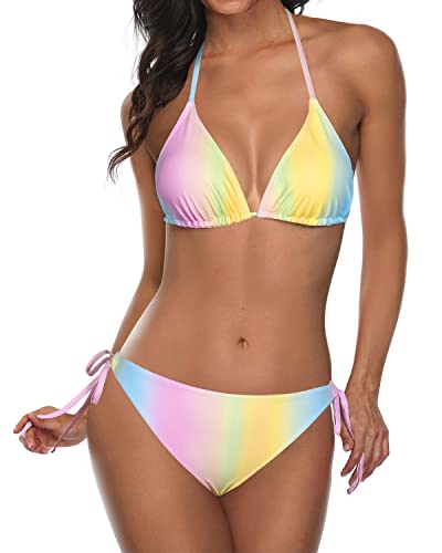 Tempt Me Women Rainbow Triangle Bikini Sets Halter Two Piece Sexy Swimsuit String Tie Side Bathing Suit L