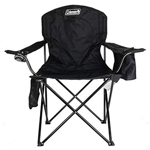 Coleman Camp Chair with 4-Can Cooler | Folding Beach Chair with Built in Drinks Cooler | Portable Quad Chair with Armrest Cooler for Tailgating, Camping & Outdoors, Black, Roomy seat: 24'