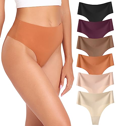 Wealurre Womens Underwear High Waisted Seamless Thongs for Women Breathable No Show Panties for Ladies 6 Pack (Gradient,M)