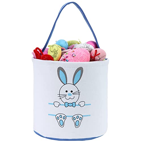 Easter Bunny Basket Egg Bags for Kids,Canvas Cotton Personalized Candy Egg Basket Rabbit Print Buckets with Fluffy Tail Gifts Bags for Easter…