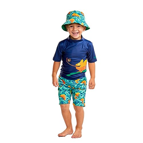 UV SKINZ Boys 3 Piece Sun and Swim Set with UPF 50+ Sun Protection – Boys Swimsuit, Toddler Swim Suits, Swimwear for Toddler & Boys (12/18M, Navy Crazy Chameleon)