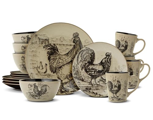 Pfaltzgraff Homespun Rooster 16-Piece Dinnerware Set, Service for 4 Brown