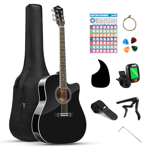 Moukey 41' Acoustic Guitar for Beginner Adult Teen Full Size Guitarra Acustica with Chord Poster, Gig Bag, Tuner, Picks, Strings, Capo, Strap Right Hand - Black