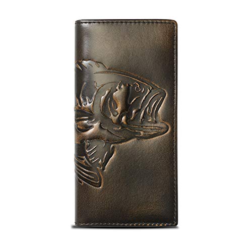HoJ Co. BASS FISH Long Wallet For Men | Full Grain Leather with Hand Burnished Finish | Long Bifold Wallet | Rodeo Wallet | Bass Fisherman Gift