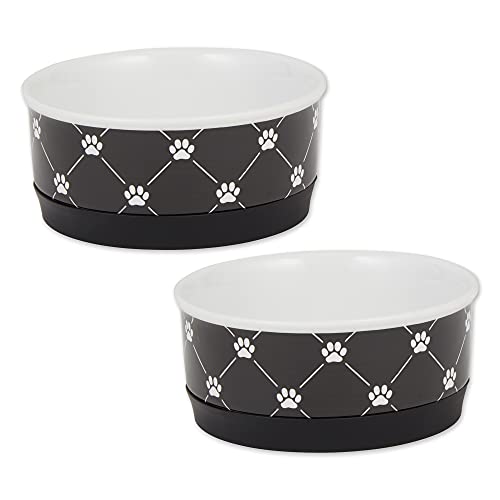 Bone Dry Trellis Paw Print Pet Bowl Set Microwave & Dishwasher Safe, Non-Slip Silicone Bottom for Less Mess, Small 4.25x2, Black, 2 Count
