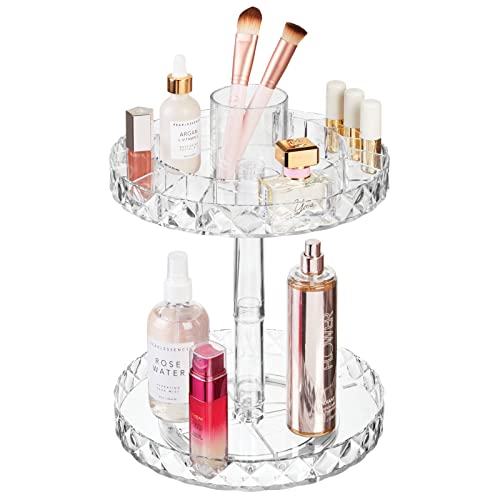 mDesign Spinning 2-Tier Lazy Susan Makeup Turntable Storage Center Tray - Rotating Organizer for Bathroom Vanity Counter Tops, Dressing Tables, Cosmetic Stations, Dressers - 10' Round - Clear