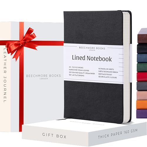 BEECHMORE BOOKS Lined Journal Notebook, 5.8 x 8.3 inch, A5 160 Lined Pages, Hardcover Leather Journals for Women, Men, Writing and Notebooks for Work - 120 GSM Thick Paper, Gifts Box Included