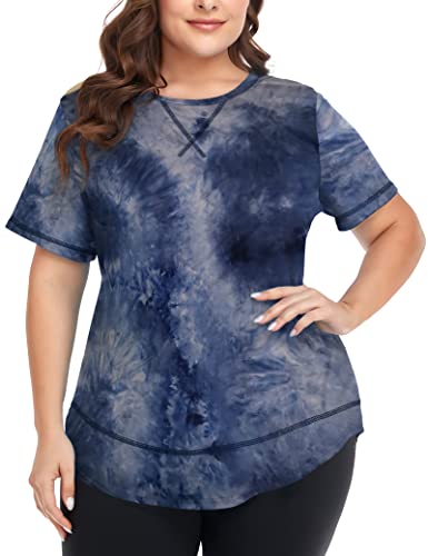 COOTRY Plus Size Workout Tops for Women Short Sleeve Loose fit Shirts Athletic Gym Yoga Clothing Blue Tie Dye 2XL