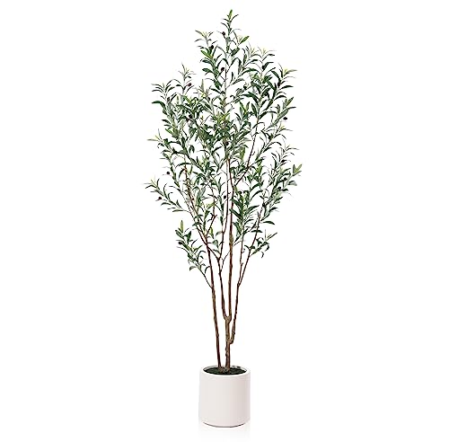 LOMANTO Artificial Olive Trees, 7 ft Tall Fake Olive Trees for Indoor, Faux Olive Silk Tree, Large Olive Plants with White Planter for Home Decor and Housewarming Gift, 1 Pack