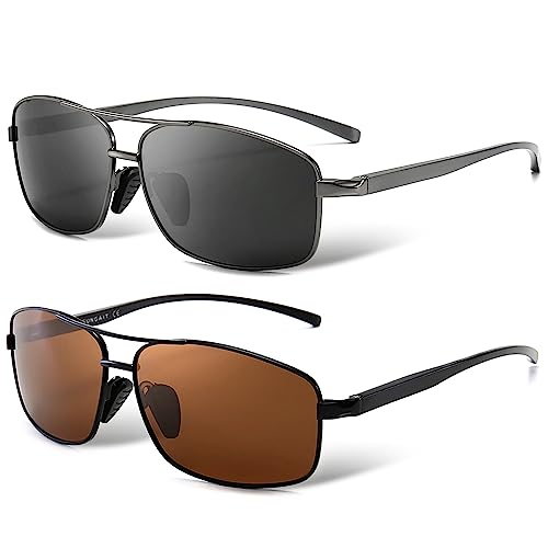 SUNGAIT Ultra Lightweight Rectangular Polarized Sunglasses UV400 Protection (Black Frame Brown Lens+Gunmetal Frame Gray Lens)