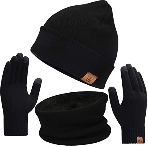 Mens Winter Hat Scarf Gloves 3 in 1, Fleece Lined Thick Warm Beanie Hats Set, Knit Slouchy Skull Caps (Black)