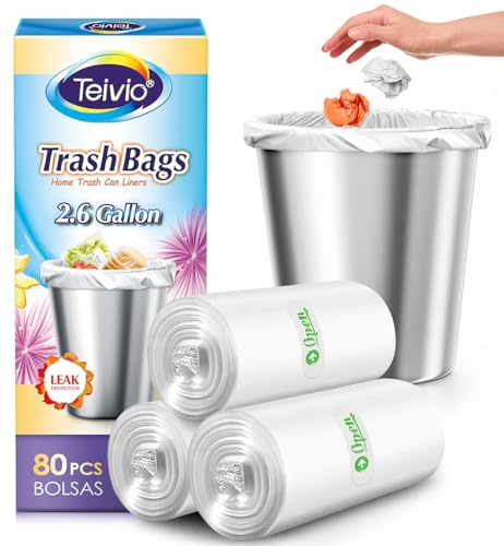 2.6 Gallon 80 Counts Strong Trash Bags Garbage Bags by Teivio, Bathroom Trash Can Bin Liners, Small Plastic Bags for Home Office Kitchen,fit 10 Liter, 2,2.5,3 Gal, Clear
