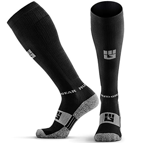 MudGear Compression Socks - Graduated Compression Socks for Women & Men for Sport, Running, Flight, Pregnancy, Circulation and Recovery - Black/Gray Large Long Compression Socks with 15-20 mmhg