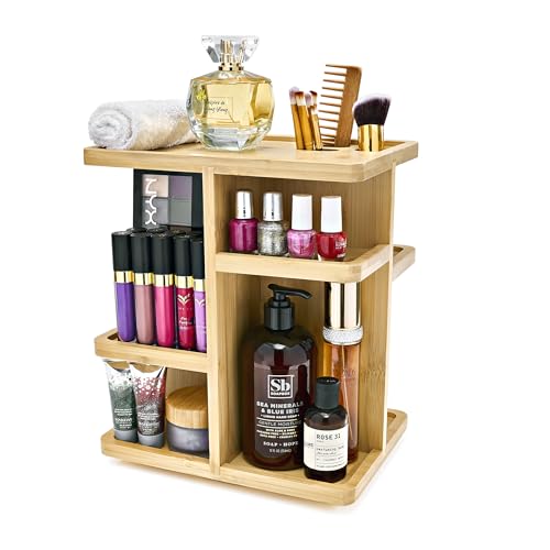 Sorbus 360° Makeup Organizer - Bamboo Wood Make Up Storage Carousel for Cosmetics, Skin Care Rotating Makeup Organizer for Vanity, Bathroom Storage