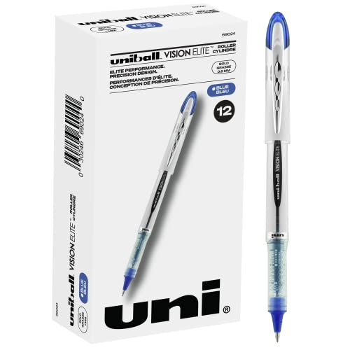 Uniball Vision Elite Rollerball Pens, Blue Pens Pack of 12, Bold Pens with 0.8mm Ink, Ink Black Pen, Pens Fine Point Smooth Writing Pens, Bulk Pens, and Office Supplies